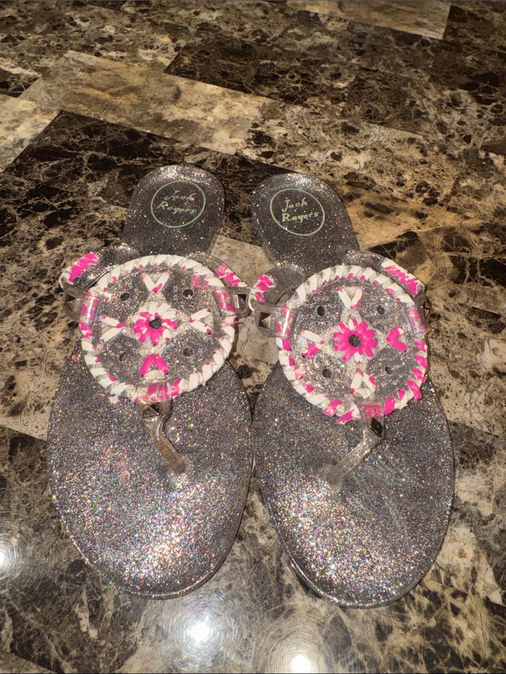 Jack Rogers Silver Colorful Glitter Girls' Sandals with pink/white accents - 4